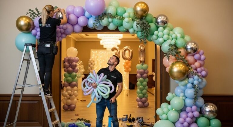 Decoradores profesionales trabajando en arco orgánico de globos con colores pastel, dorados y plateados para fiesta de cumpleaños número 30