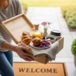 Persona entregando desayuno sorpresa en caja de madera con croissant, muffin, frutas frescas, jugo de naranja, café y flores en la puerta de una casa