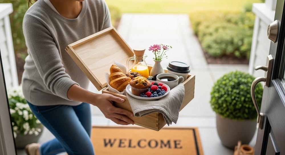Persona entregando desayuno sorpresa en caja de madera con croissant, muffin, frutas frescas, jugo de naranja, café y flores en la puerta de una casa