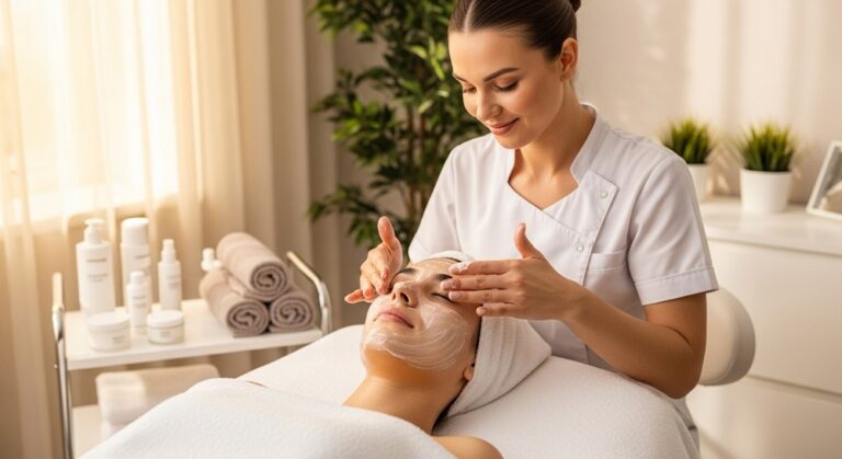 Esteticista con uniforme blanco aplicando mascarilla facial a clienta reclinada en camilla de spa, ambiente profesional con productos de cuidado de piel y toallas